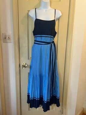 Current Air Navy and Sky Blue Pleated Maxi with Waist Sash